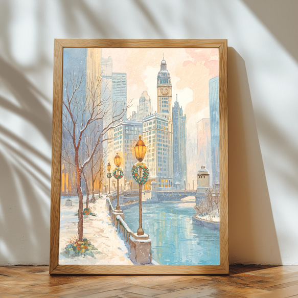 シカゴ・リバーウォークの冬の朝 インテリアポスター 水彩アート 風景