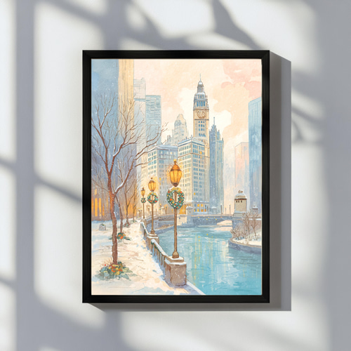 シカゴ・リバーウォークの冬の朝 インテリアポスター 水彩アート 風景
