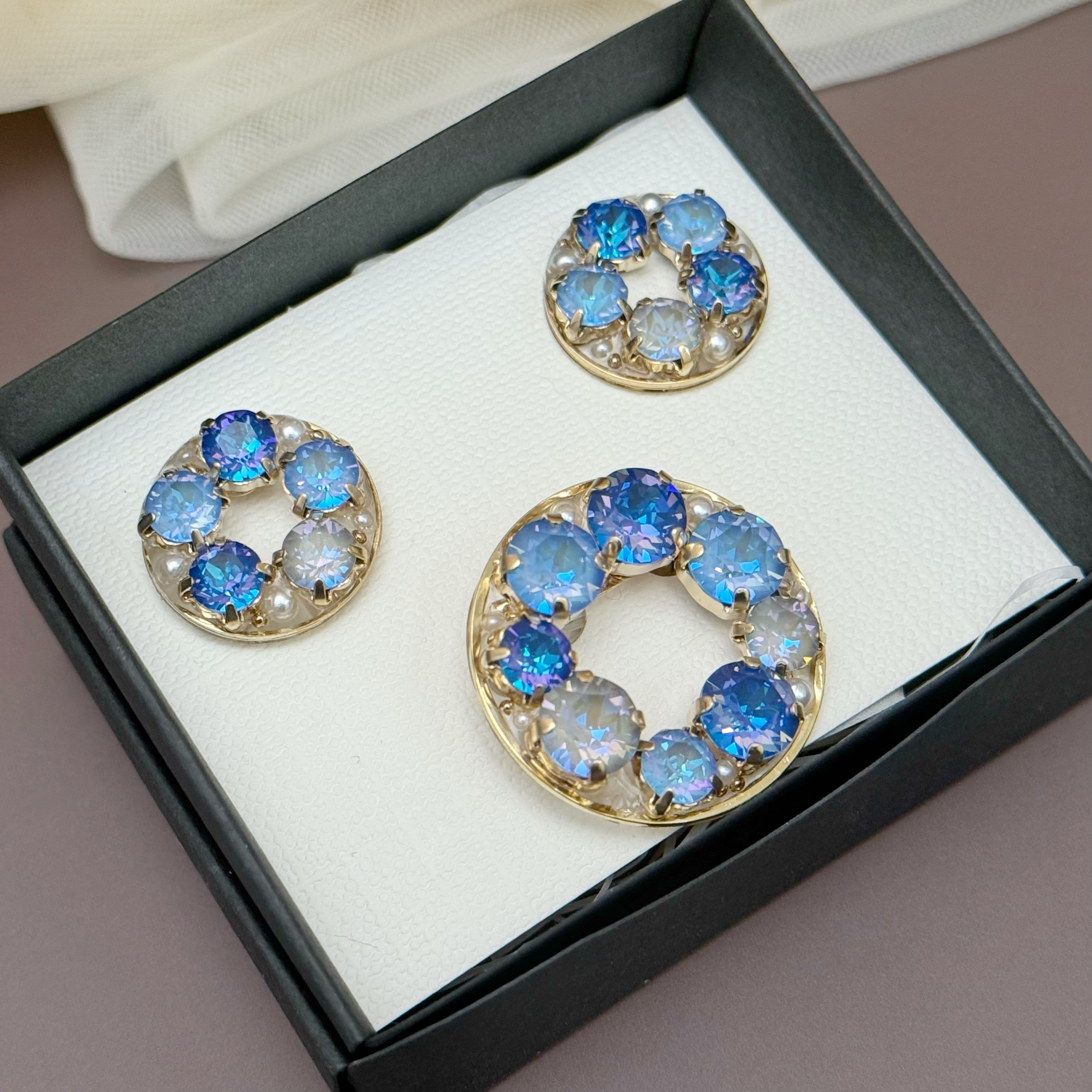 -Winter Twilight Set -蒼の美しいビジューリースピアス/イヤリングとブローチ2点セット