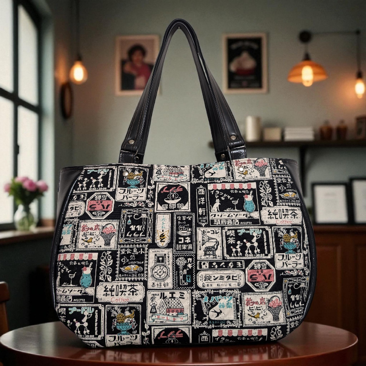 トートバッグ　バルーンバッグ　あおりポケット付き　昭和レトロ柄　純喫茶柄