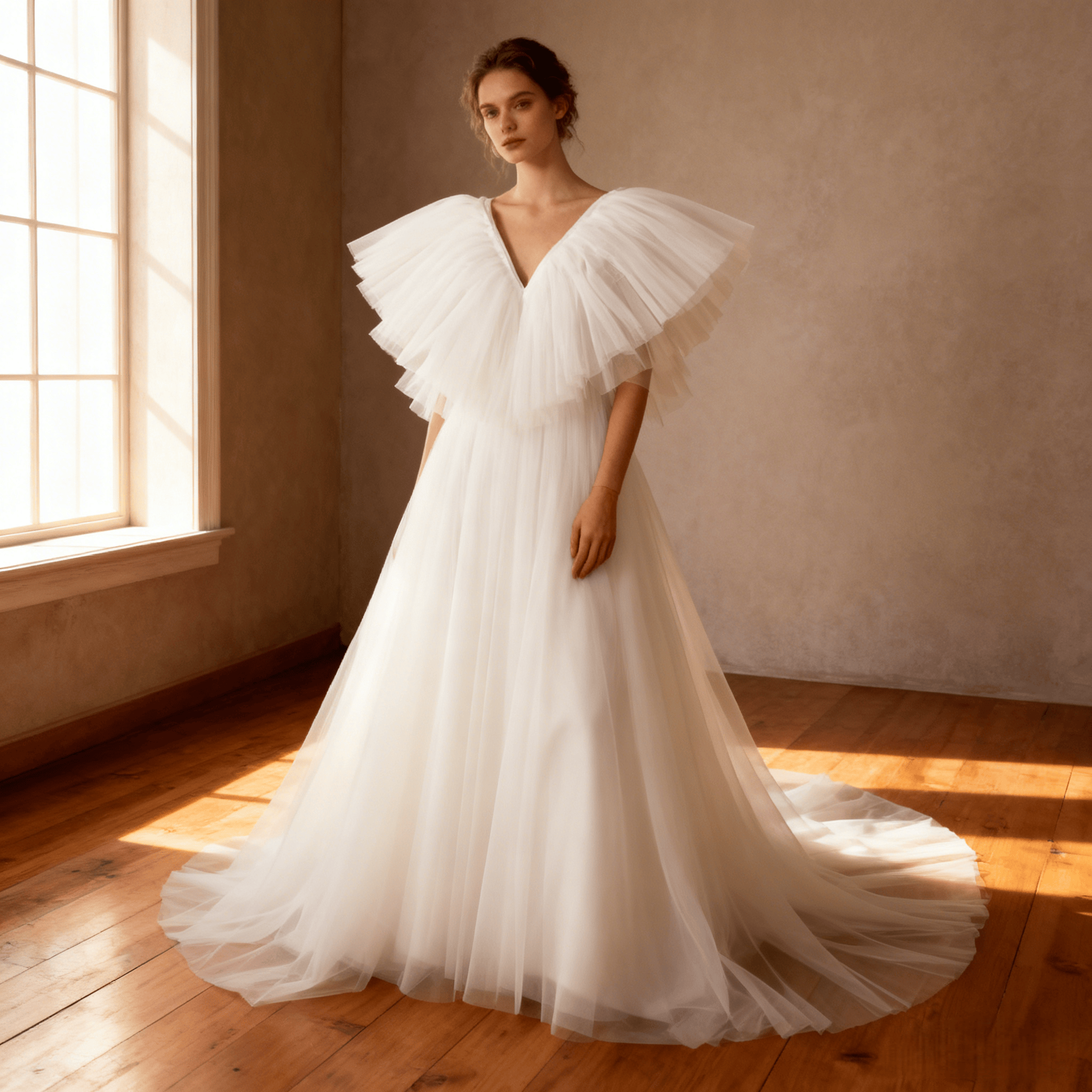 送料無料！ウエディングドレス Vネックドレス フリル袖 プリーツドレス バックレス 花嫁 結婚式 海外挙式ドレス