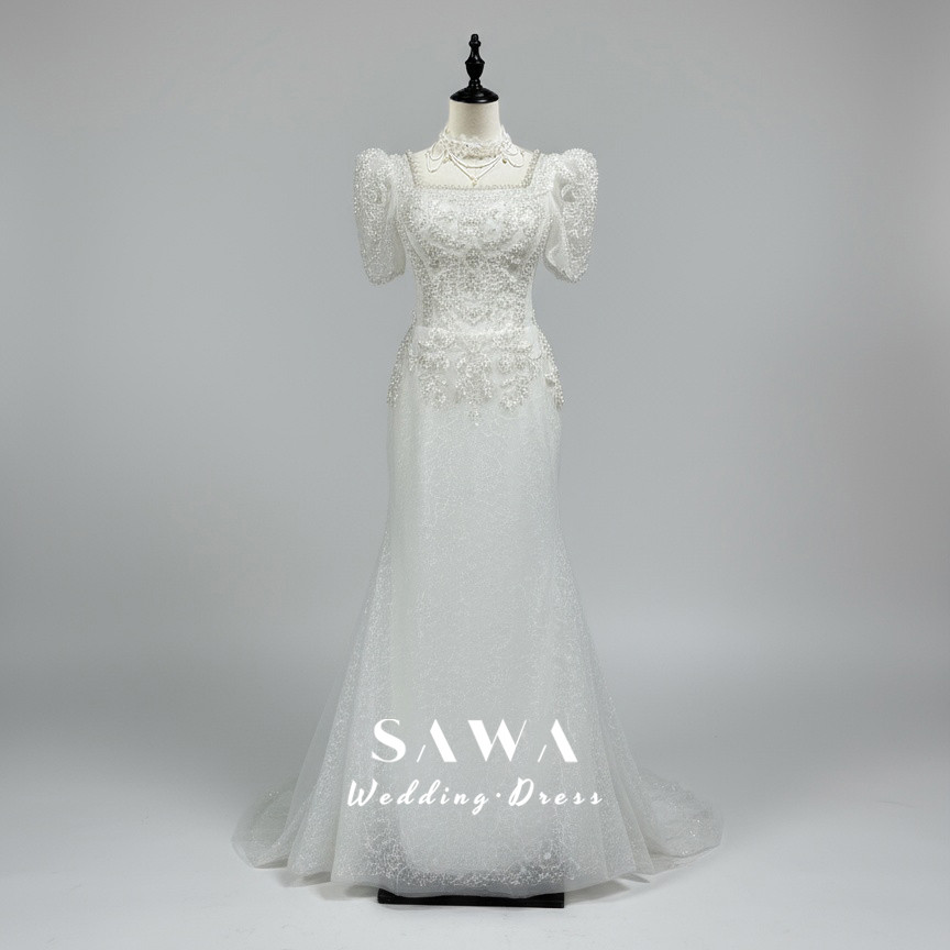 見逃さない　短いトレーン　パーティー　ラメ入り　ホワイト半袖　パフスリーブ　可愛いドレス　繊細なレース付き　コンテスト