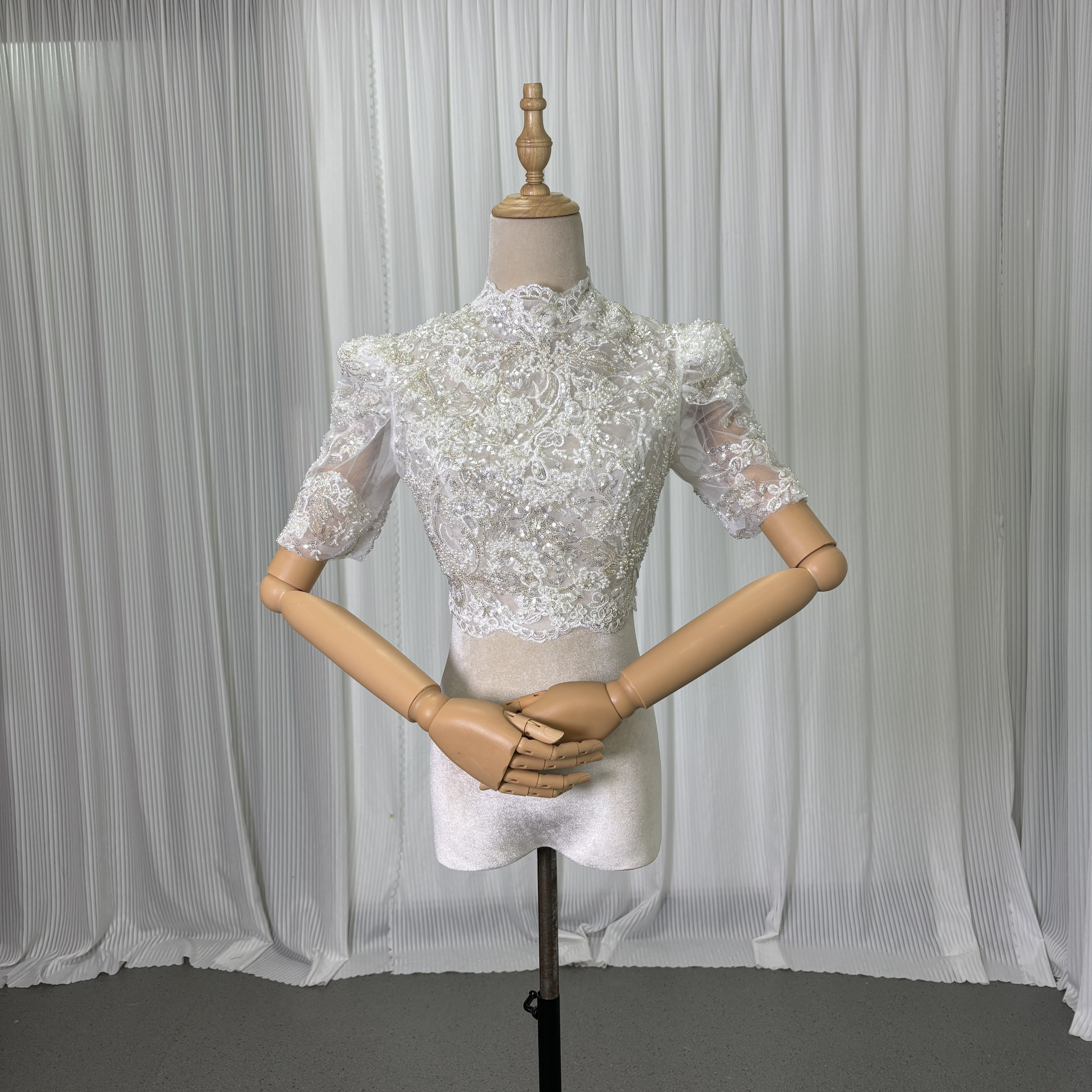 送料無料！ボレロ 半袖 くるみボタン ハイネック インポートビジューレース 花嫁/ウェディングドレス