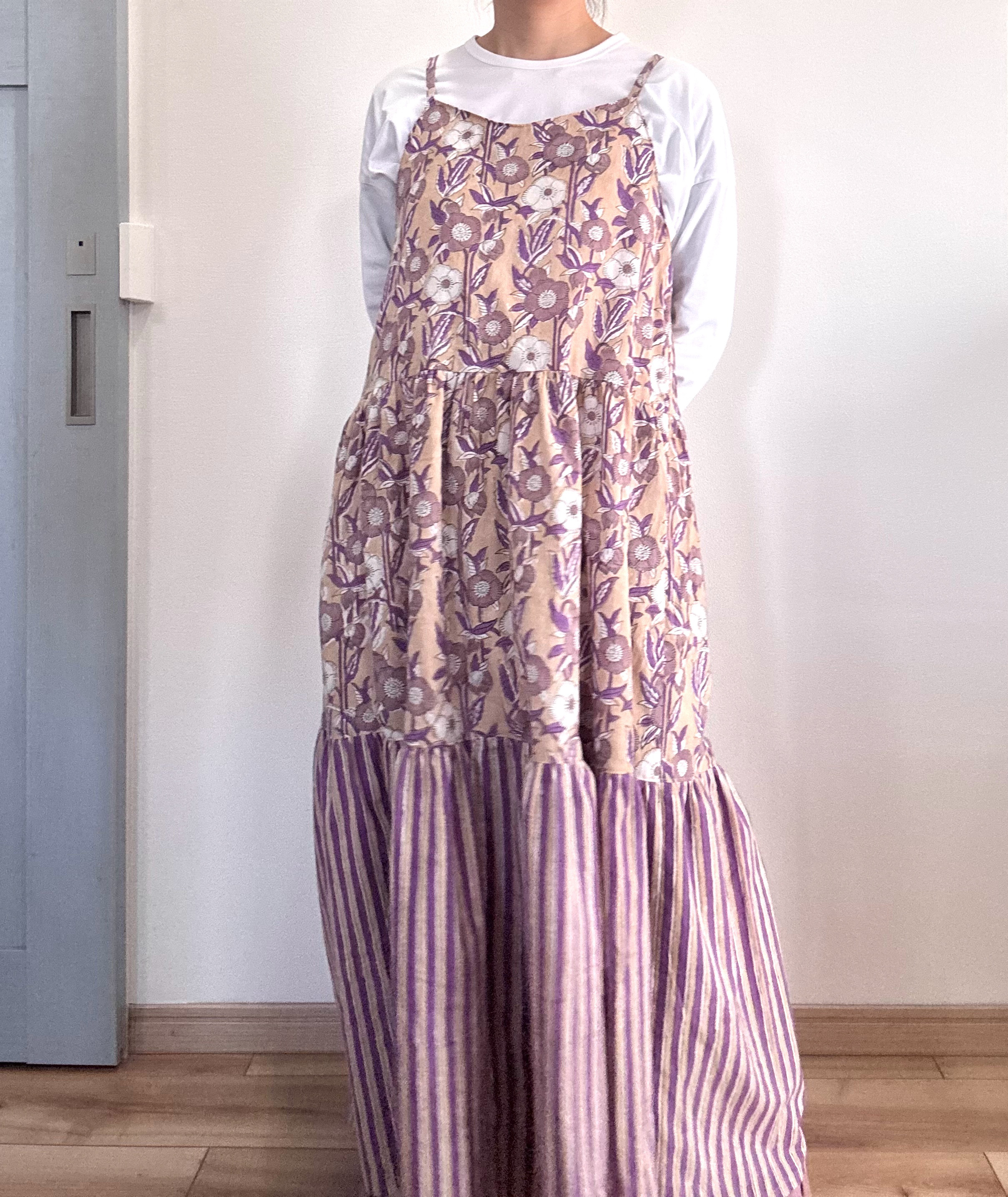 ブロックプリント✴︎キャミソールワンピース✴︎キャミワンピ✴︎インド綿✴︎花柄✴︎エプロン✴︎一点モノ