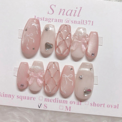 ネイルチップ ピンク マグネットネイル フレンチネイル リボン