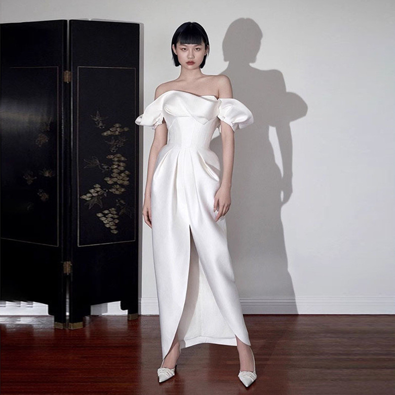 高級感 白 黒 サテン オフショルダー ウェディングドレス 韓国風 花嫁 パーティー 誕生日 成人式 前撮り HL695