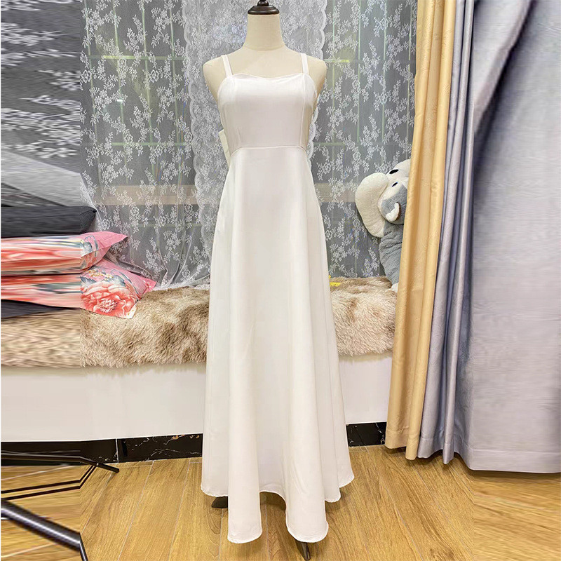 高級感 白 黒 サテン ノースリーブ パーティードレス シンプル 結婚式 誕生日 パーティー 成人式 前撮り HL698