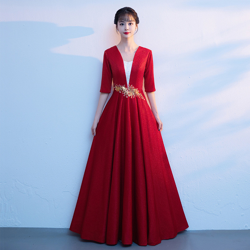 高級感 赤 ゴールド 五分袖 パーティードレス シンプル 結婚式 演奏会 大合唱 パーティー 前撮り HL699