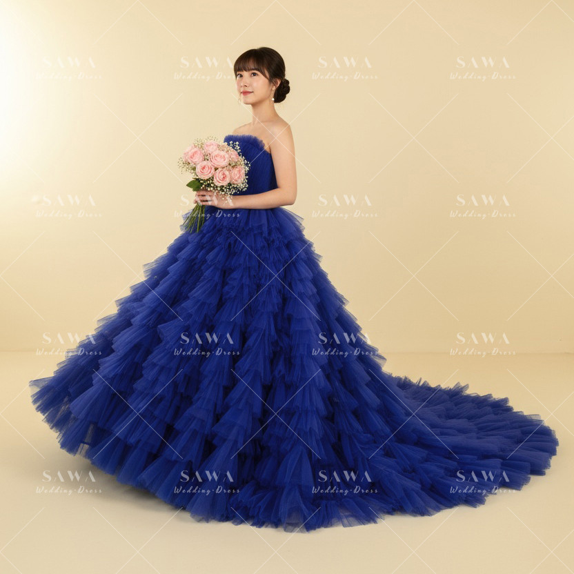 お色直し　胸フリル　チューブトップ　ブルー　ギャザースカート　プリンセスライン　トレーン　かわいい　大人気カラードレス