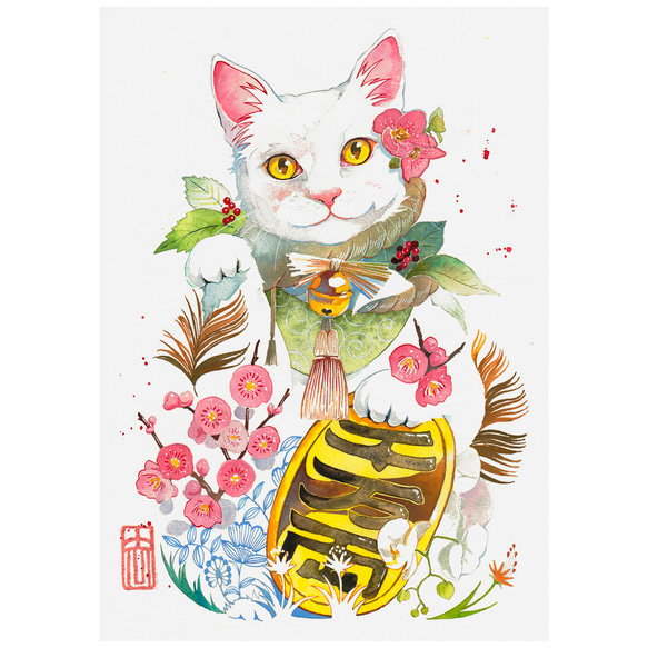 招き猫_水彩原画_イラスト イラスト n.akabae 通販 20114996｜Creema