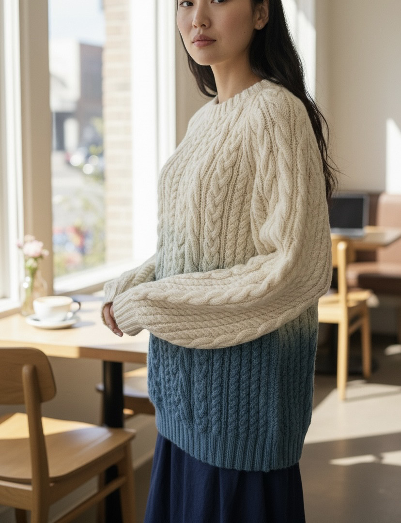 ウール100%アラン編み手編み藍染グラデーションセーター一点物