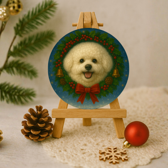 ビションフリーゼ防水ステッカー クリスマスリース 円形7センチ