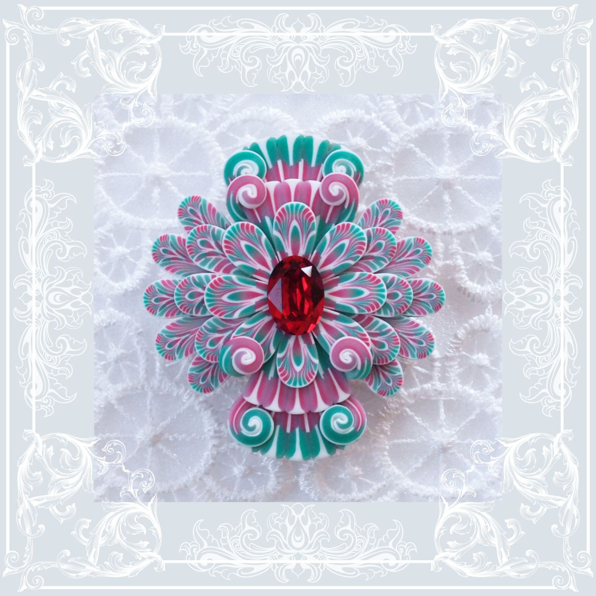 孔雀の羽花帯留め＊ｸﾞﾘｰﾝ&ﾚｯﾄﾞ＊