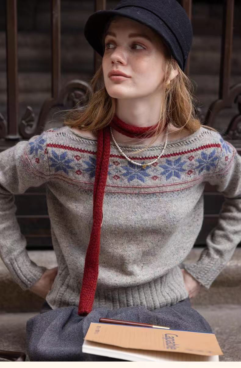 ジャカード透かし彫りセーター　ウール100%フレンチ風オフショルセーター