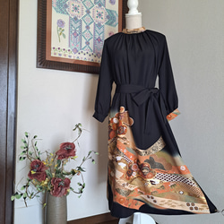 ☆ 着物リメイク/大島紬/9マルキ/一点もの/ロールカラーワンピ―ス