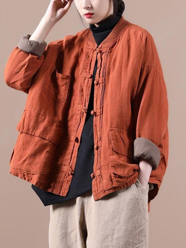 レディース 綿麻ジャケット チャイナボタン ショート丈 中綿 民族風 レトロ アウター