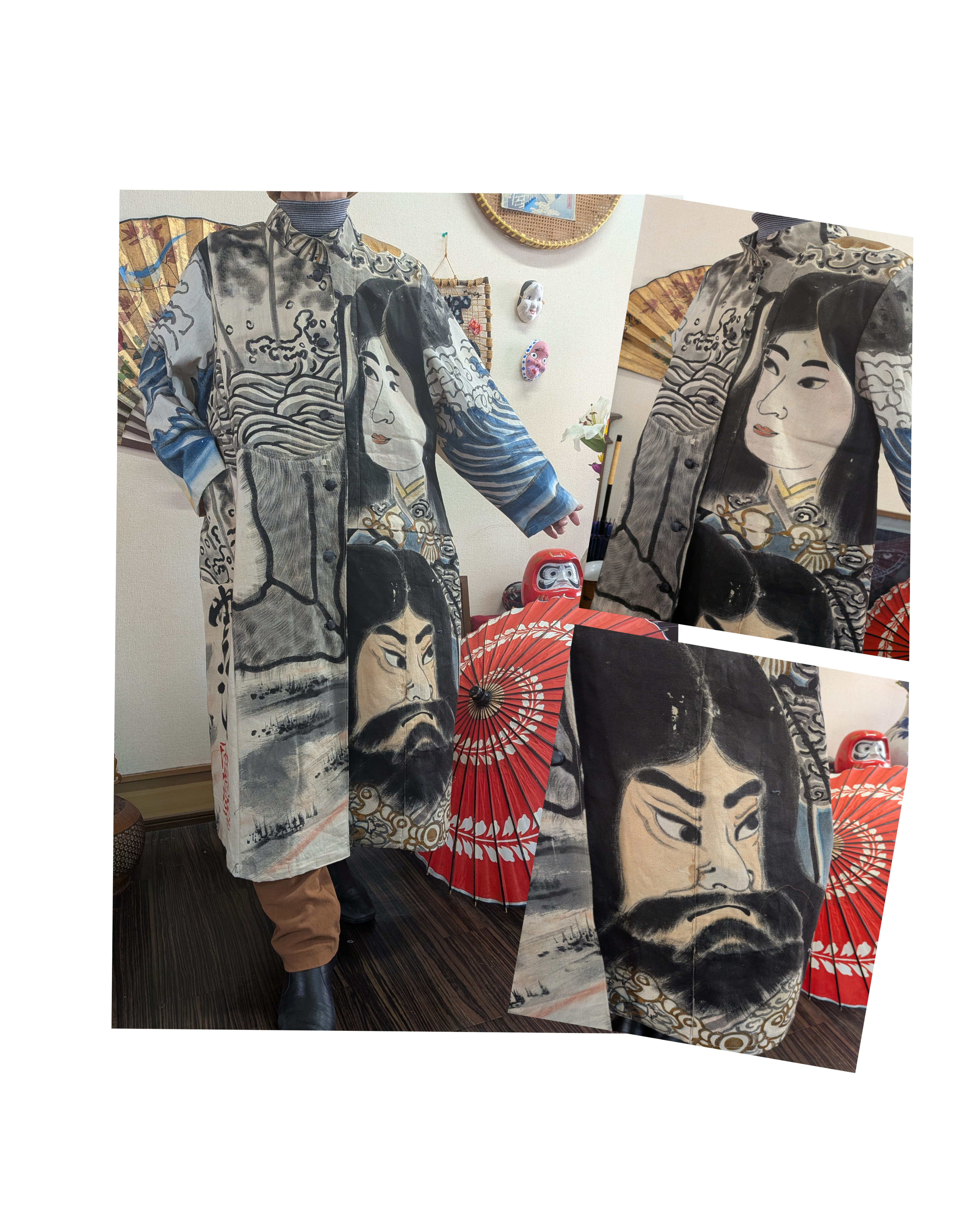 のぼり旗（手描き古布）の前開きロングコート　　　古布リメイク