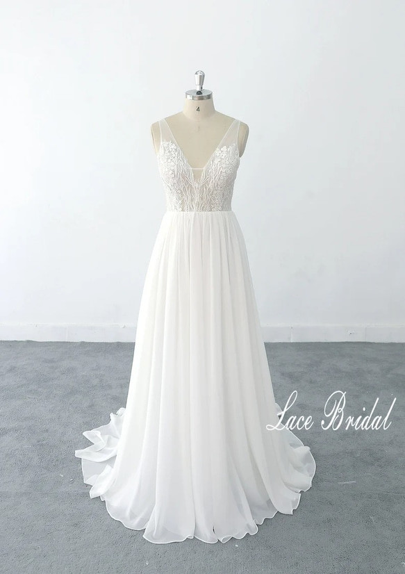 軽量シフォンお嫁様結婚式浜辺新婚旅行前撮りレースチュールウェディングドレスロングワンピー31