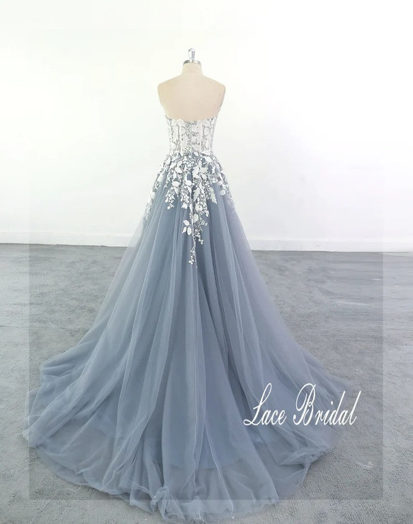 柔らかい新婚旅行前撮りグレーレースチュールウェディングドレスロングワンピー28-B