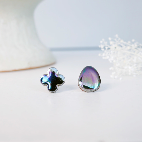 T-257 美濃燒磁磚耳環/耳環，黑珍珠色（皮革耳背） 第1張的照片