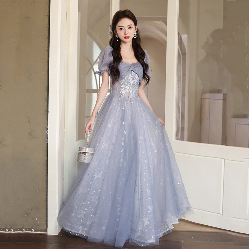 高級感 黒 グレー 半袖 パーティードレス プリンセス 韓国風 結婚式 誕生日 パーティー 成人式 前撮り HL710