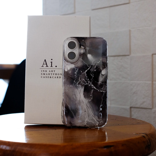 ▪️新品未使用▪️アルコールインクアートiPhoneケース16Pro iPhone16】黒×白×シルバーラメ/夜の雪/アルコールインクアート