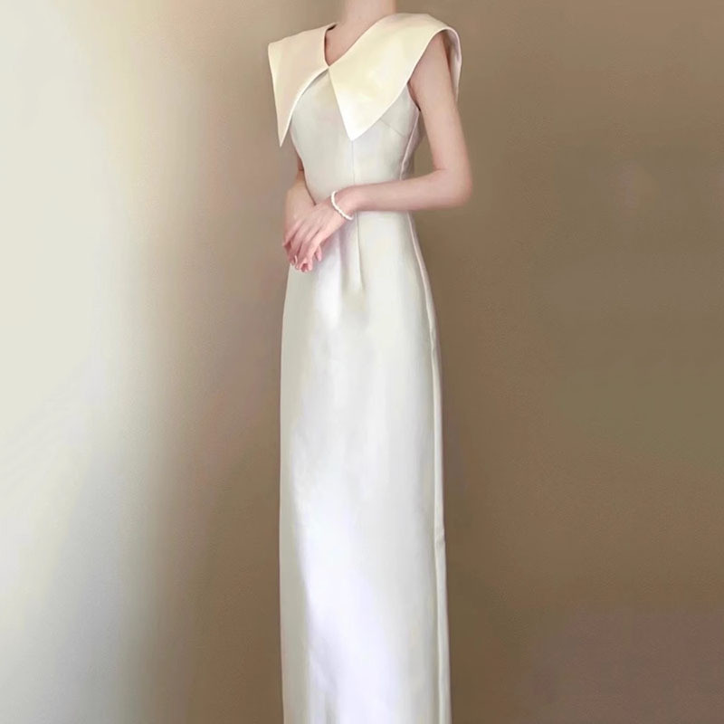 高級感 白 黒 サテン ノースリーブ ウェディングドレス シンプル 韓国風 花嫁 誕生日 成人式 前撮り HL717