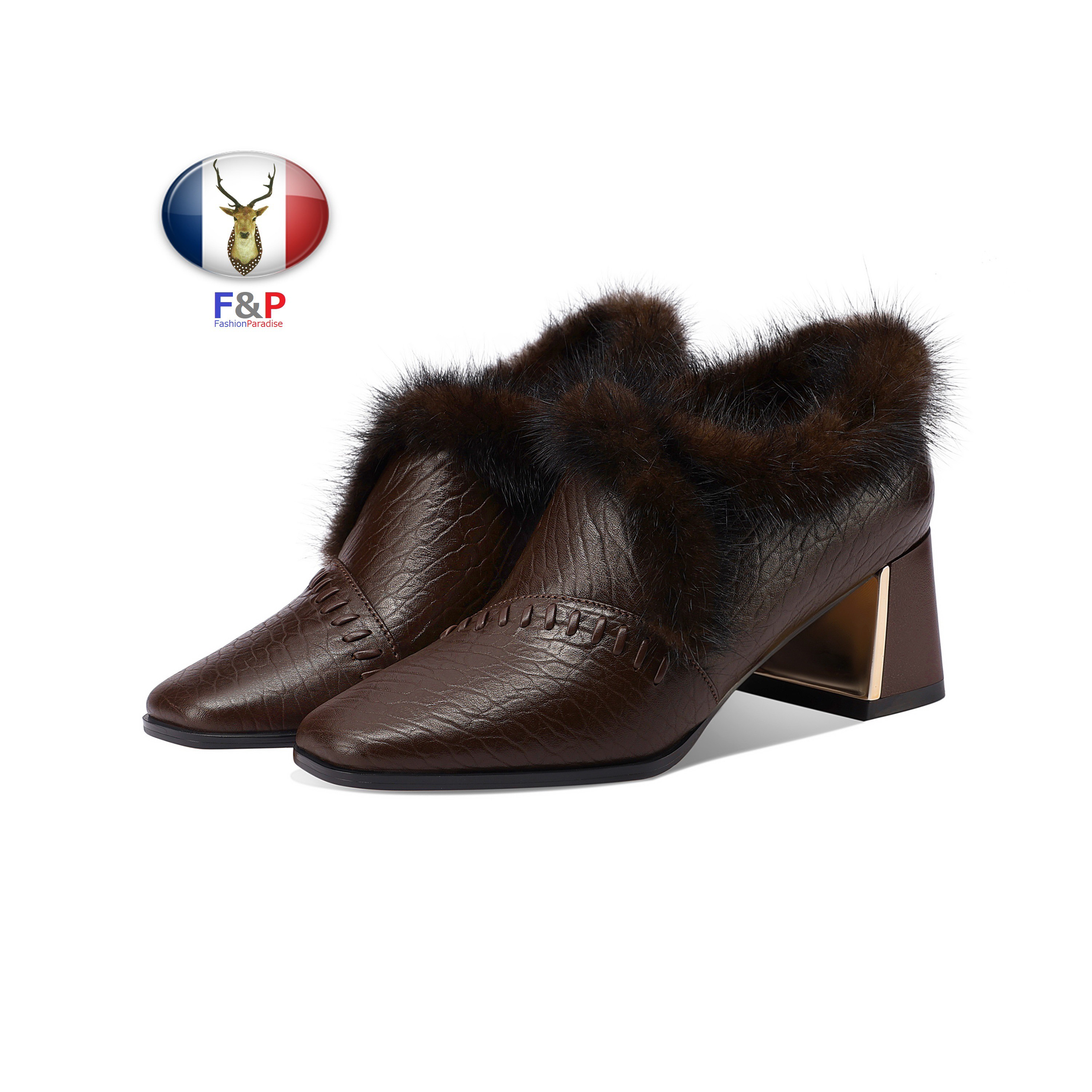 スクエアトゥハラコレザーエンボスミンクファー付きシューティーブーティパンプス全2色