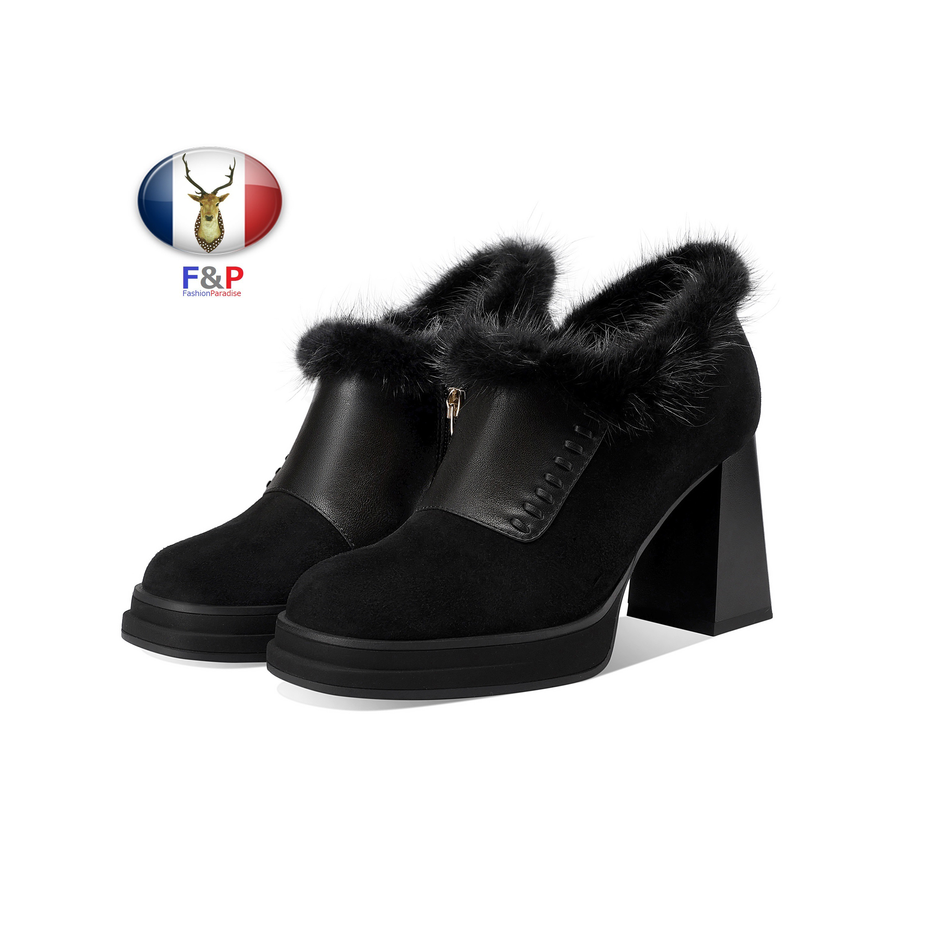 ラウンドトゥスエードハラコレザーミンクファー付きシューティーブーティパンプス全2色