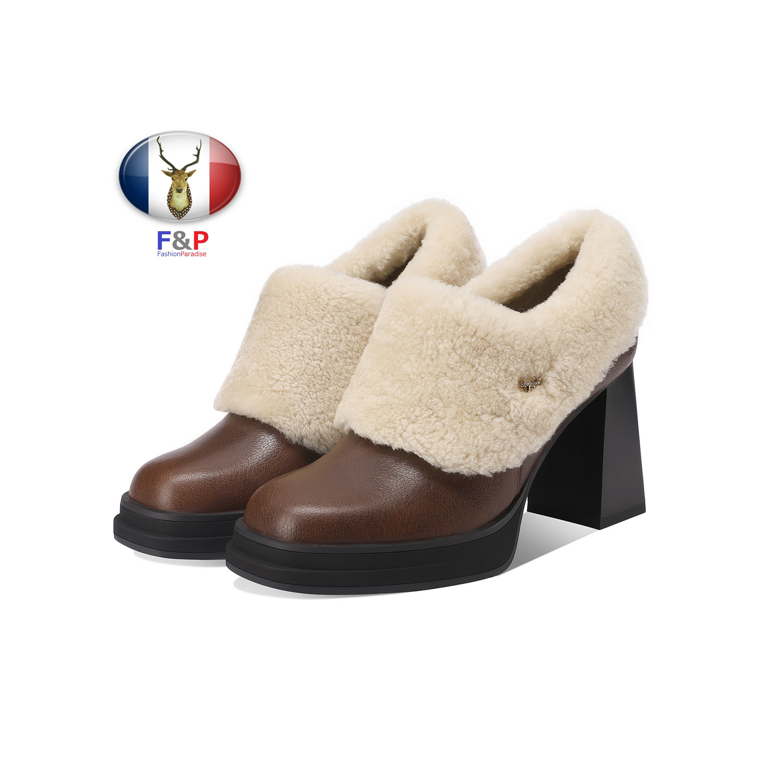 ラウンドトゥハラコレザー暖かい子羊毛ウール付きアウトーソール2cmシューティーブーティパンプス全2色