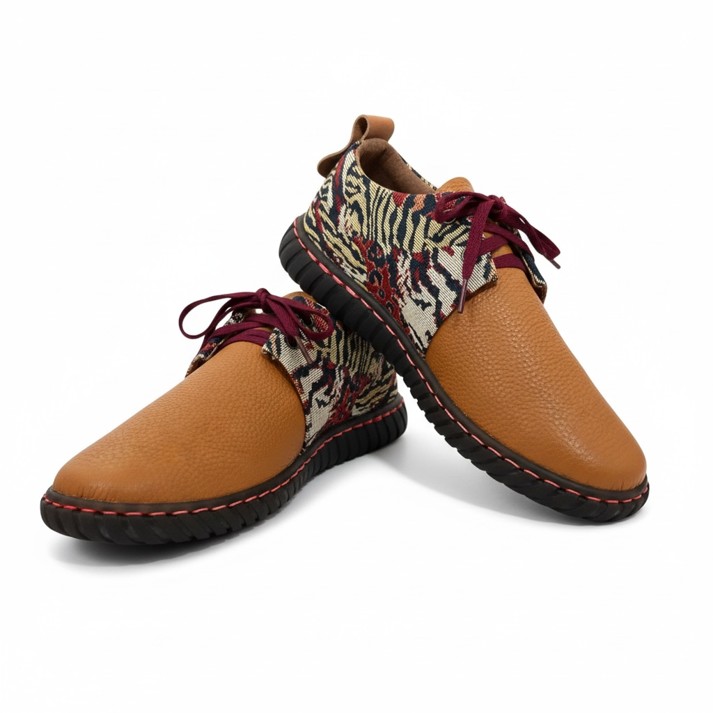 ゴブラン織生地と柔らかいレザーのハンドメイドシューズ（手縫い）
