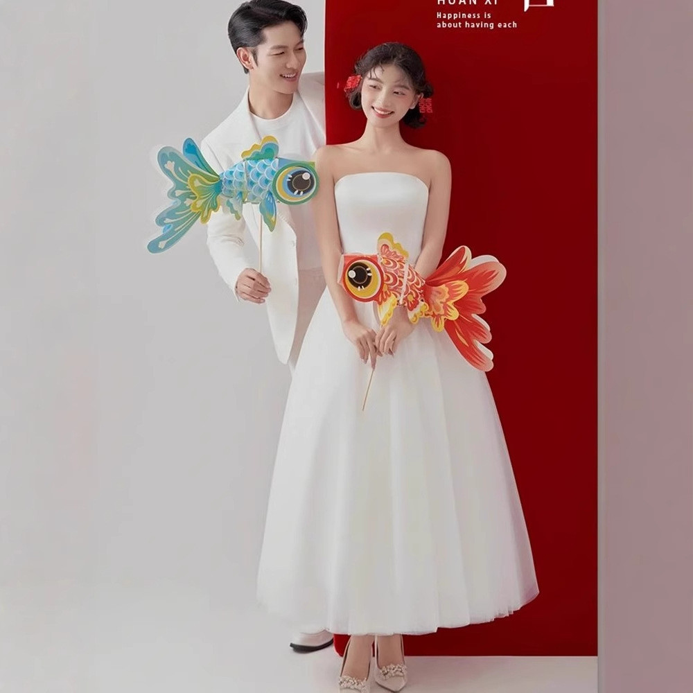 高級感 白 黒 オフショルダー ウェディングドレス シンプル 韓国風 花嫁 誕生日 成人式 前撮り HL718