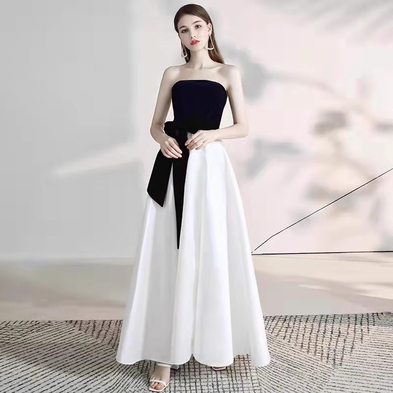 高級感 白黒の配色 ノースリーブ パーティードレス シンプル 演奏会 発表会 誕生日 パーティー 前撮り HL725