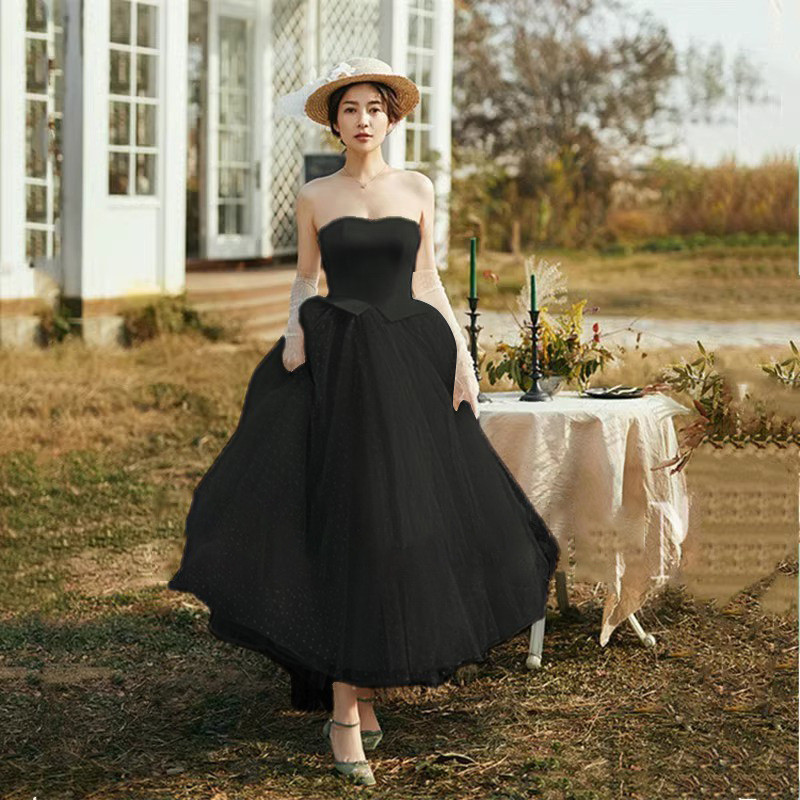 高級感 白黒 ふわふわ ノースリーブ ウェディングドレス シンプル 韓国風花嫁 誕生日 成人式 前撮り HL726