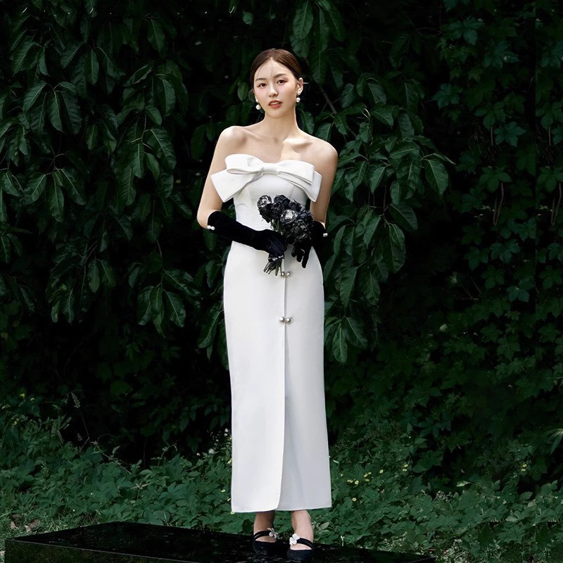 高級感 白 黒 ノースリーブ リボン ウェディングドレス シンプル 韓国風 花嫁 誕生日 成人式 前撮り HL730