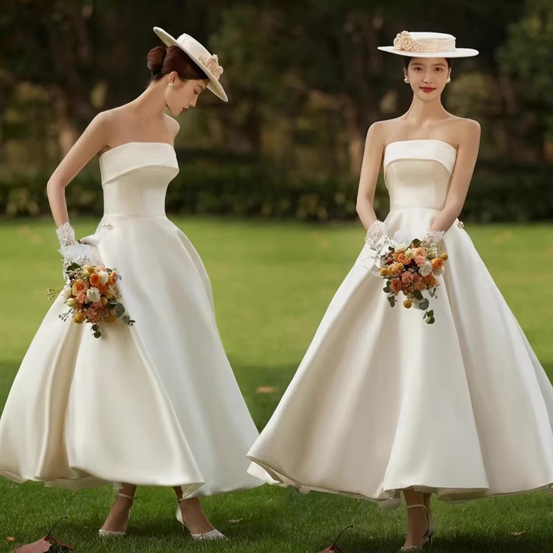 高級感 白 オフショルダー ウェディングドレス シンプル 優雅 韓国風 花嫁 誕生日 成人式 前撮り HL732