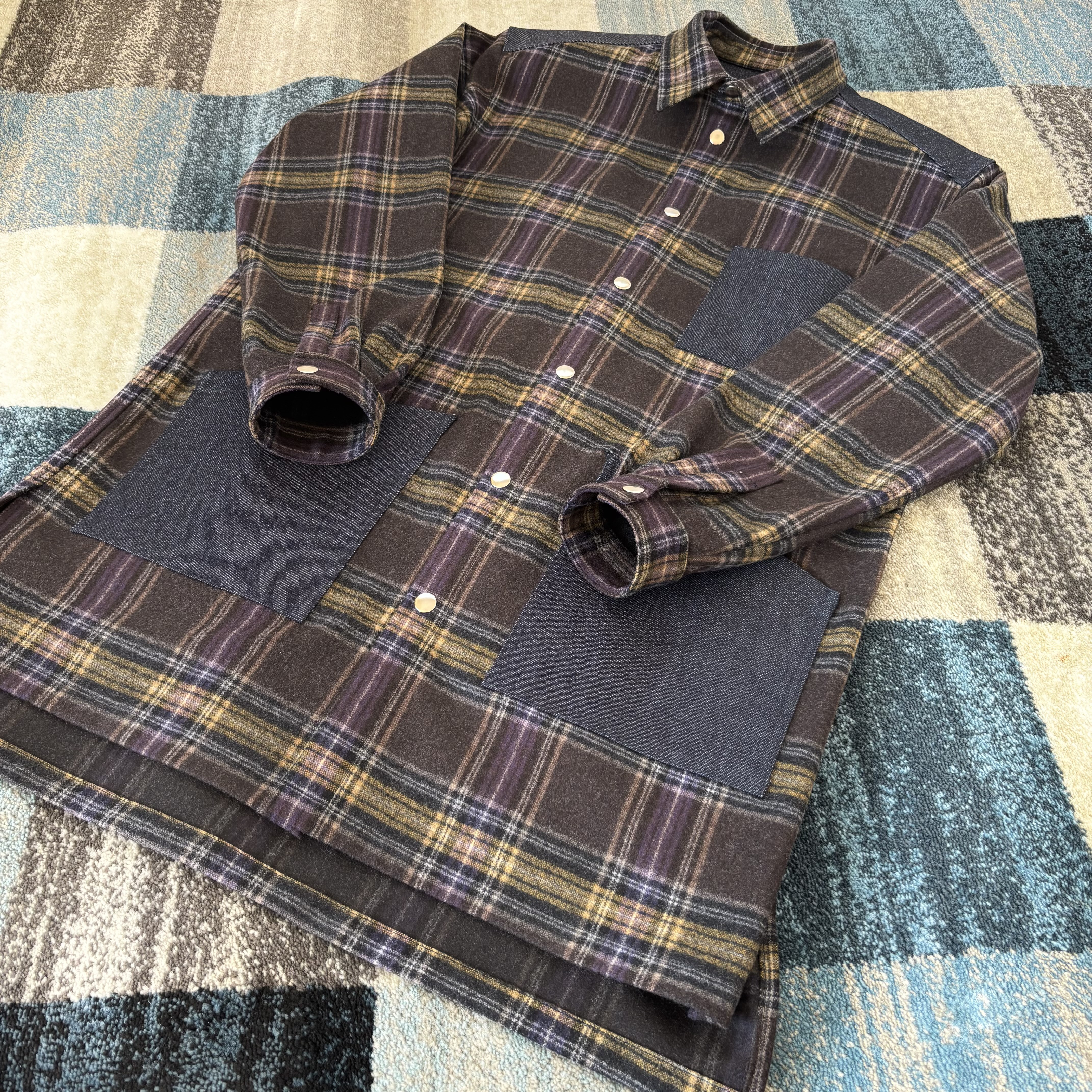 チェック×デニム ミックスロングシャツ