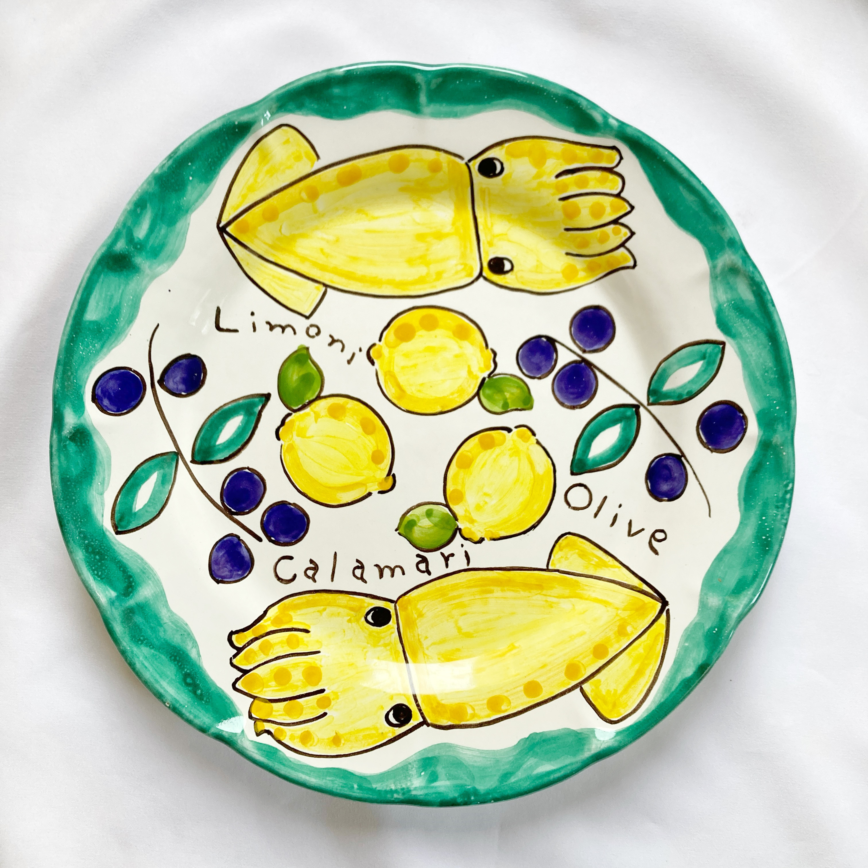 ディナー皿 26cm  イカとレモンとオリーブ　マヨリカ焼き イタリア陶器  GEO072