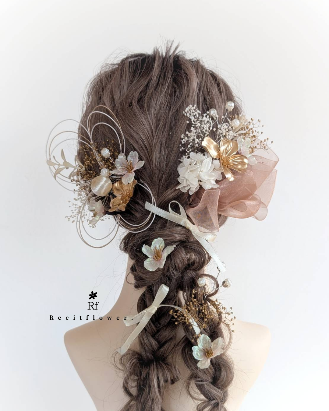 艶のあるゴールドフラワーが華やかな髪飾り 桜 水引 成人式 卒業式 結婚式 七五三 白 ゴールド RC259