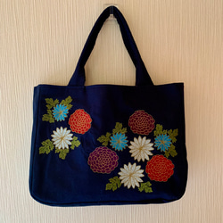 再販 青い花刺繍とビーズのトートバッグ トートバッグ AZmama 通販