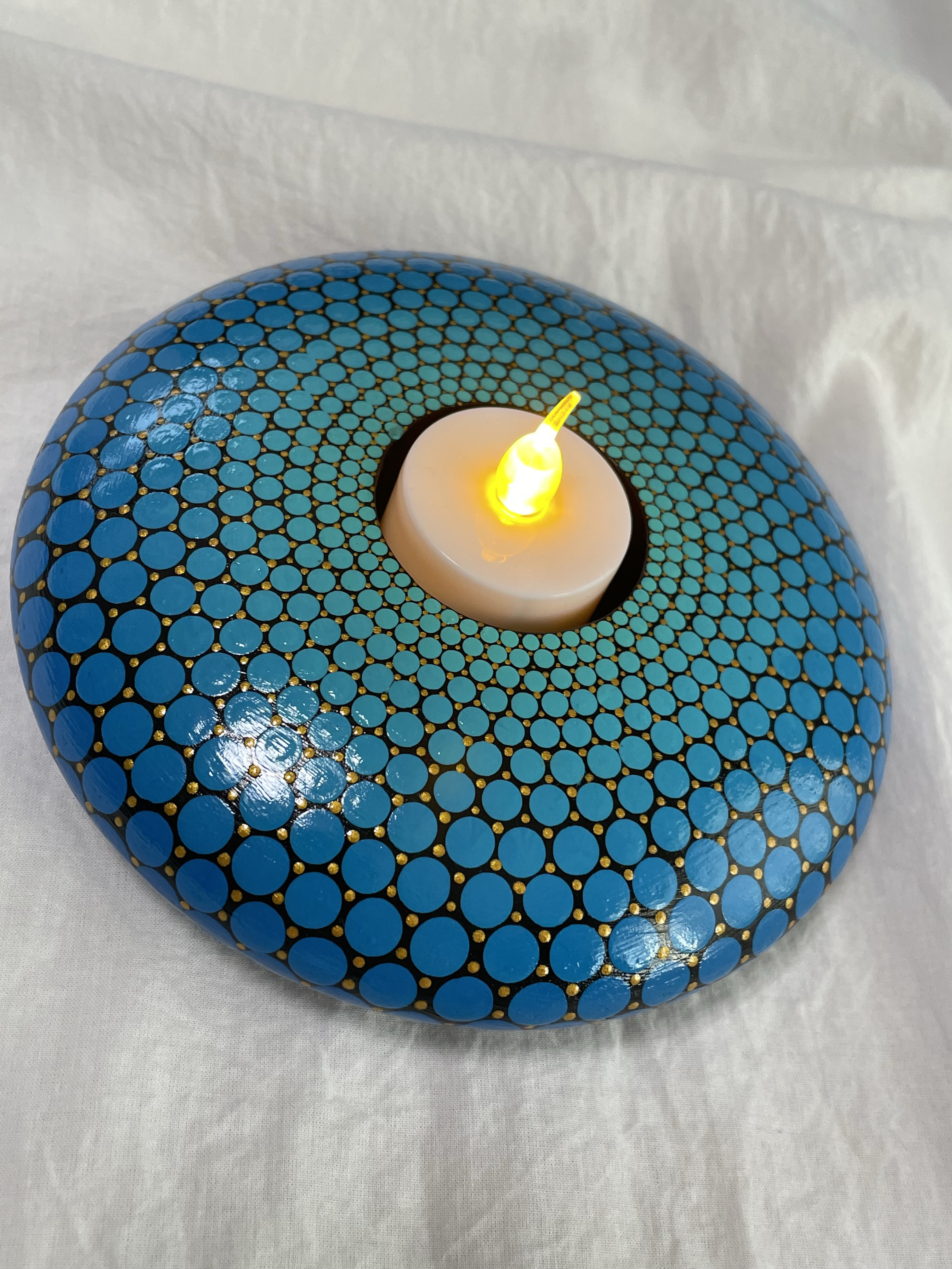 曼荼羅アート キャンドルホルダー｜ドット曼荼羅・青×ターコイズ・一点もの