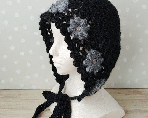 ボンネット イヤーマフ クロシェハット 耳当て付き 手編み モチーフ