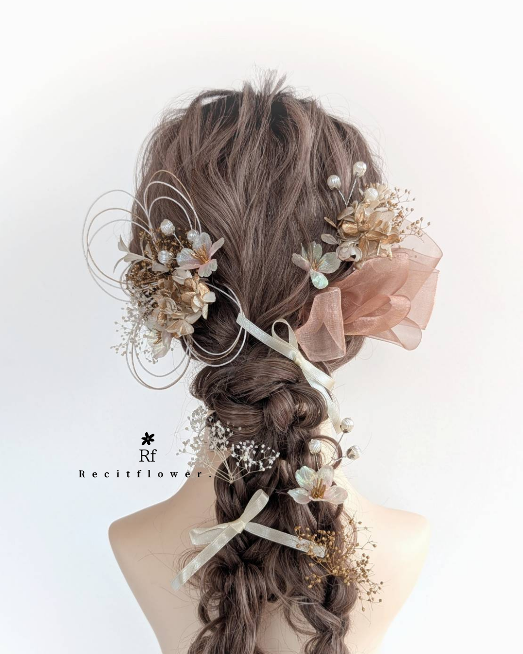 オーロラカラーの桜が目を引く髪飾り 水引 成人式 卒業式 結婚式 七五三 白 ゴールド 桜 リボン 髪飾り RC261