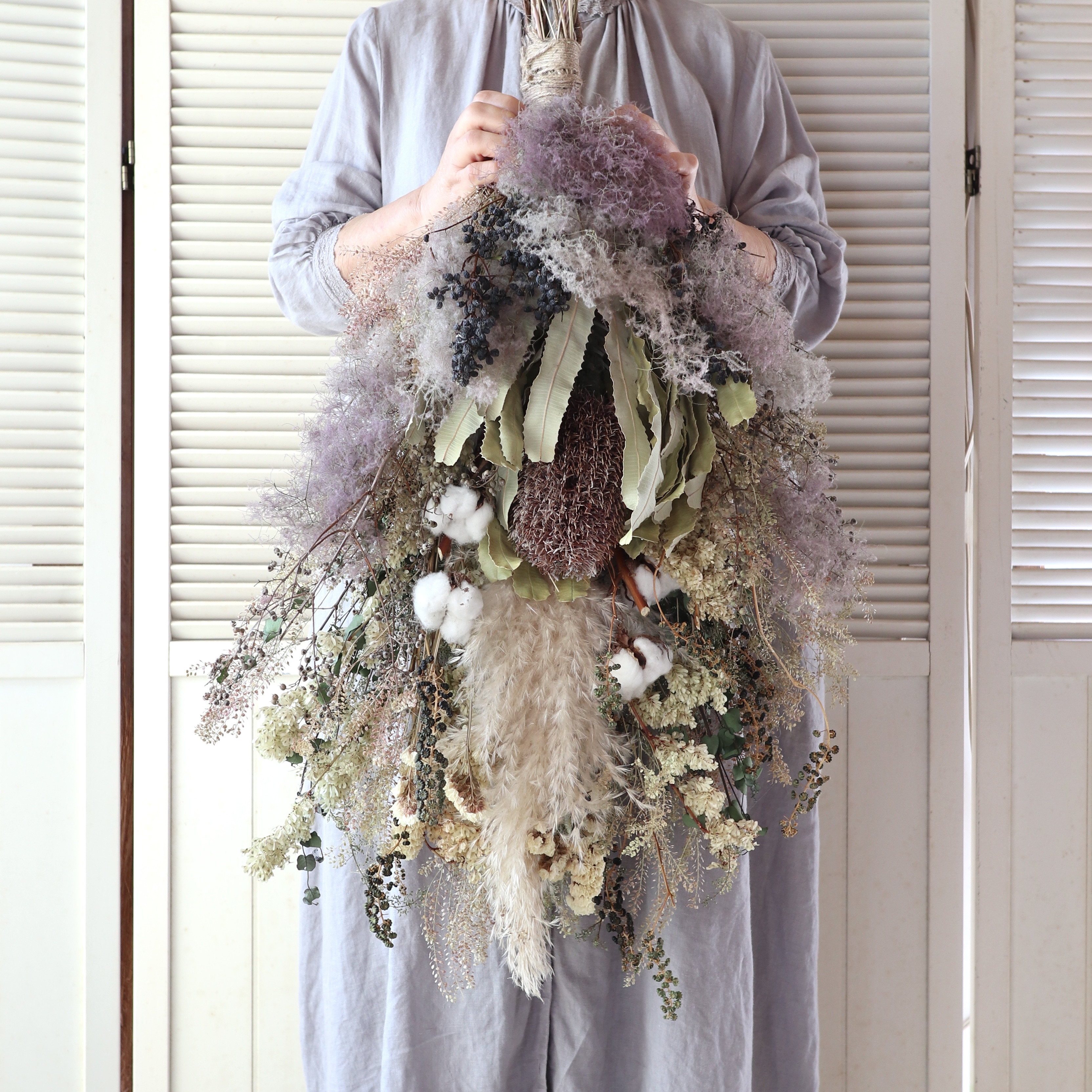 (75cm) ＊特大＊ワイルドフラワーとスモークツリーとパンパスグラスのふわふわスワッグ/ドライフラワー/開店祝い