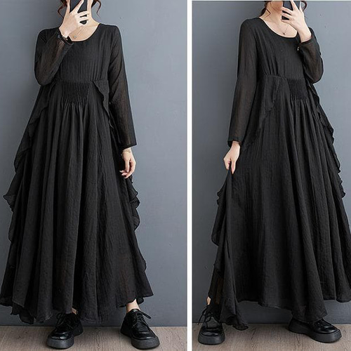 希少 ○刺繍 プリーツプリーズ ロングワンピース マキシ丈 ブラック L相当 3 大きいサイズ 新品 3L前後 黒 ロングワンピース マキシ丈ワンピース