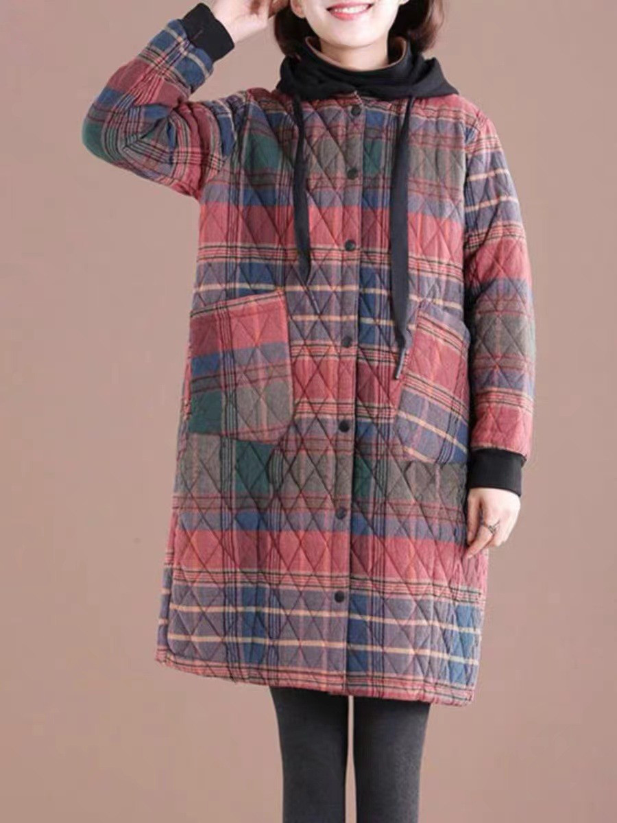 レディース 綿麻コート チェック柄 中綿 ロング丈 フード付き 軽量 防寒 アウター 4,556円
