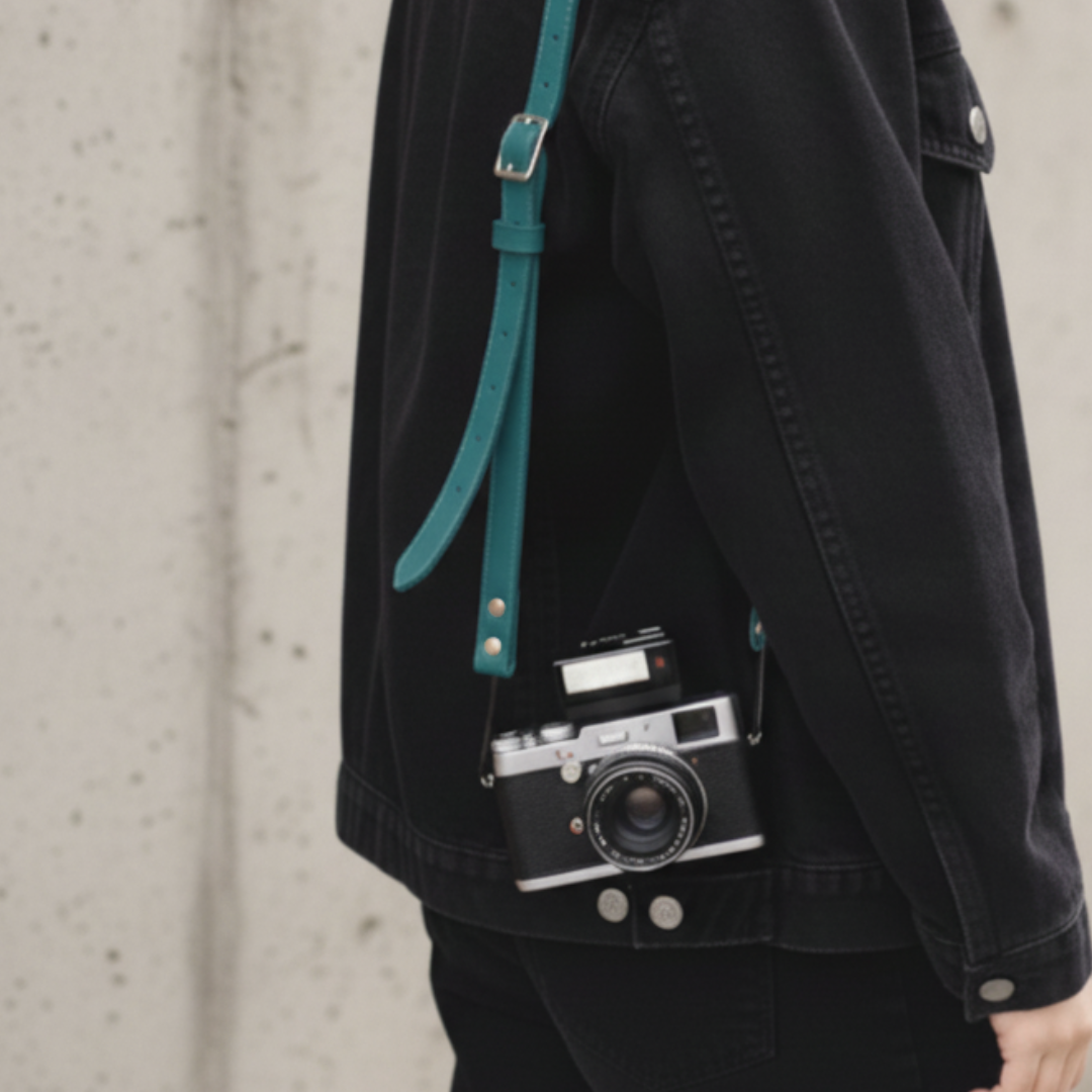 イタリアンレザーと真鍮金具の本革カメラストラップ／幅24–35mm・長さ90–120cm／ターコイズブルー／名入れ可