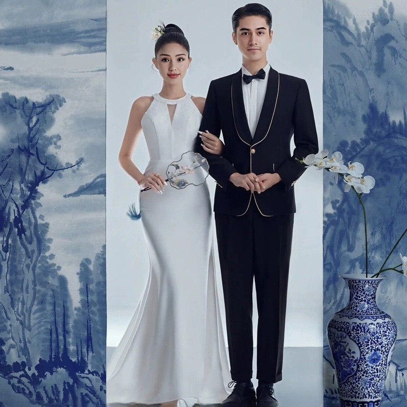 高級感 白 黒 サテン ノースリーブ ウェディングドレス シンプル 韓国風 花嫁 誕生日 成人式 前撮り HL743