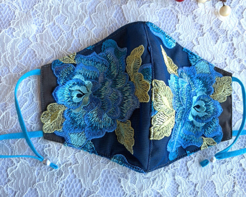 かえる♡★ブルーグレー★3Dチュール★お花✿刺繍レース★ハンドメイドマスク かえる♡☆ブルーグレー☆3Dチュール☆お花✿刺繍レース☆ハンドメイド