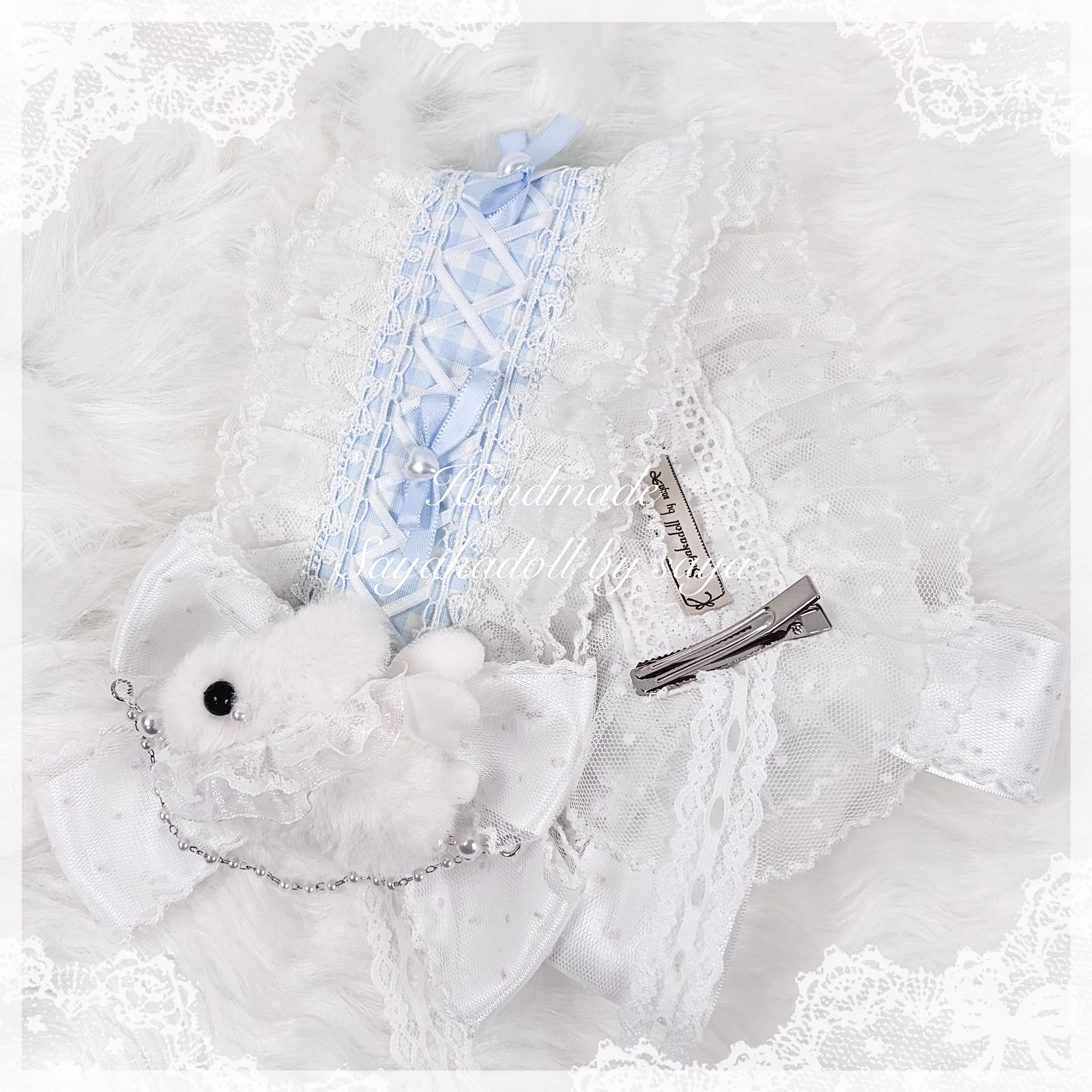 ♡ No.6 天使のうさぎさん付き ギンガムチェック柄編み上げリボン パールドロップヘッドドレス 3way blue ♡